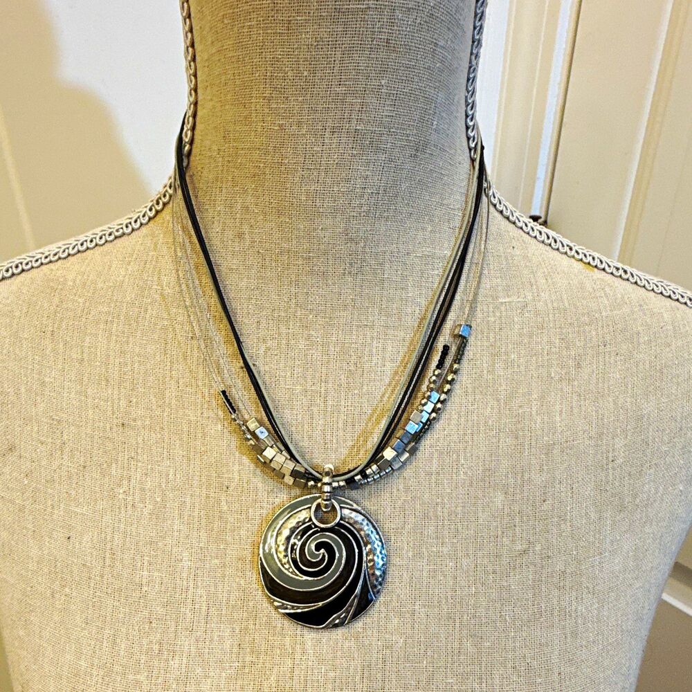 Black Cord Adjustable Pendant Necklace Silver Tone Round Swirl Disc Lobster